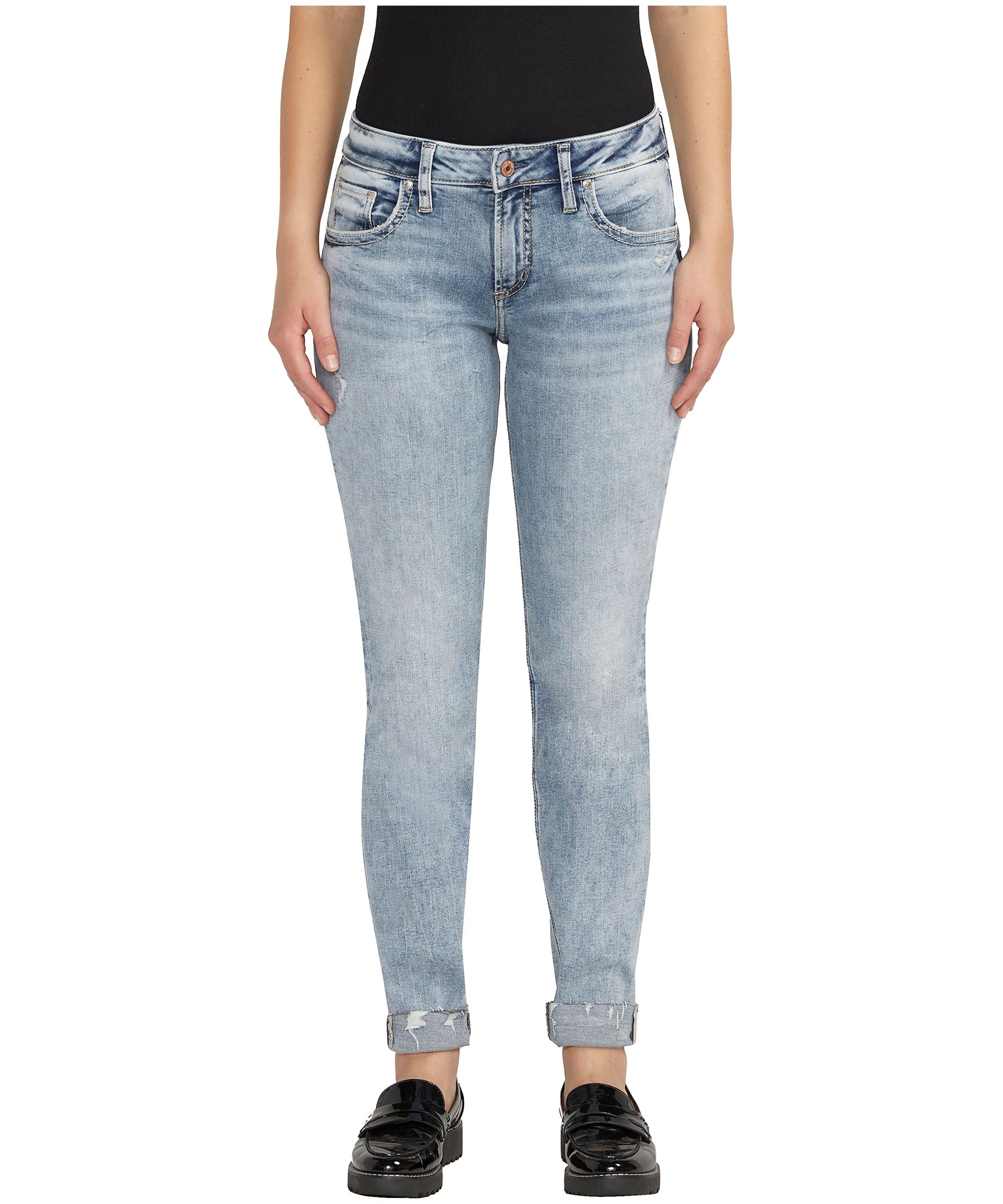 Jean à jambe étroite et à taille mi-basse qui épouse les courbes pour femmes, Boyfriend, Silver