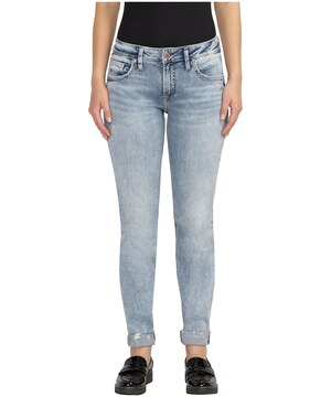 Jean à jambe étroite et à taille mi-basse qui épouse les courbes pour femmes, Boyfriend, Silver