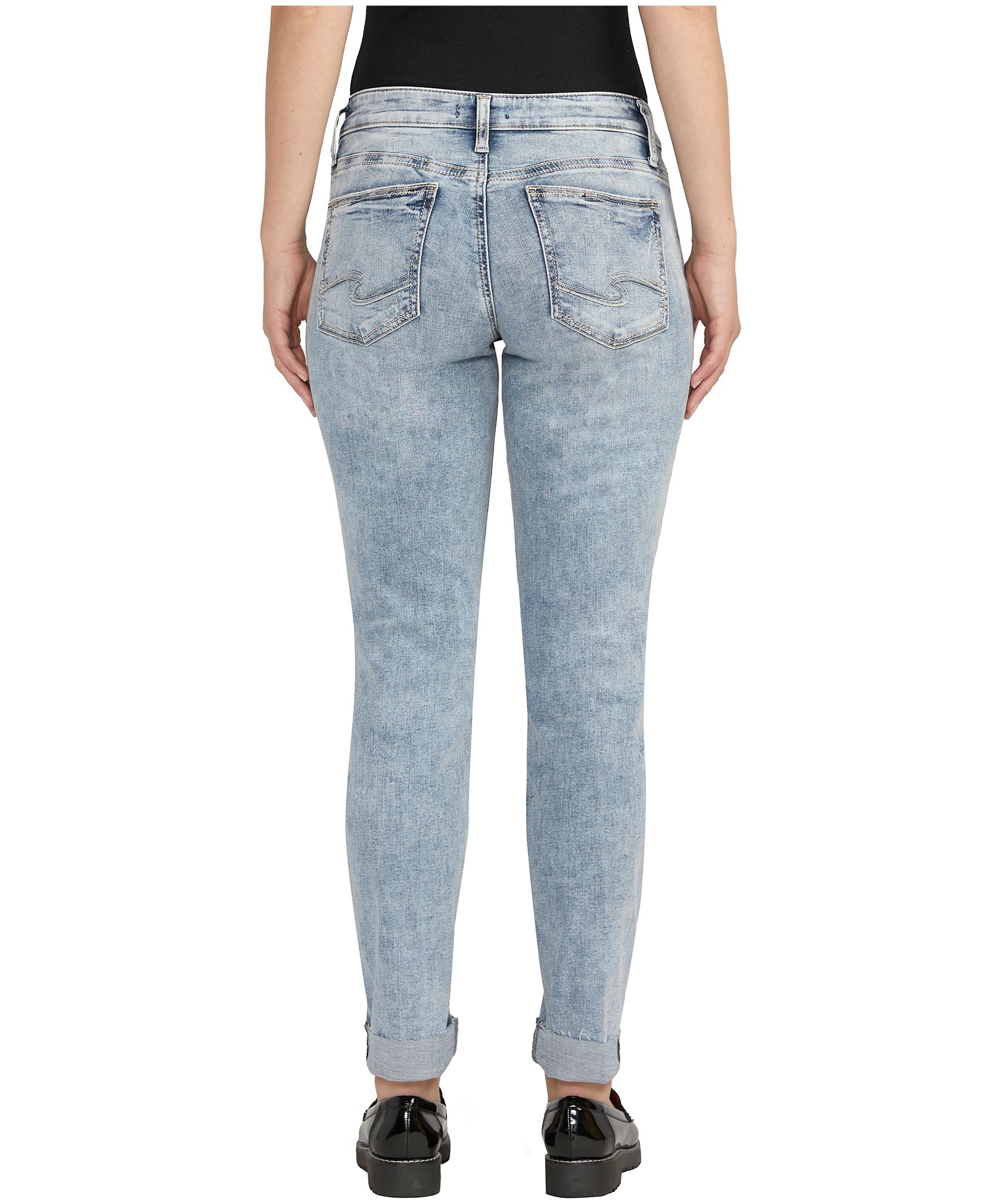 Jean à jambe étroite et à taille mi-basse qui épouse les courbes pour femmes, Boyfriend, Silver