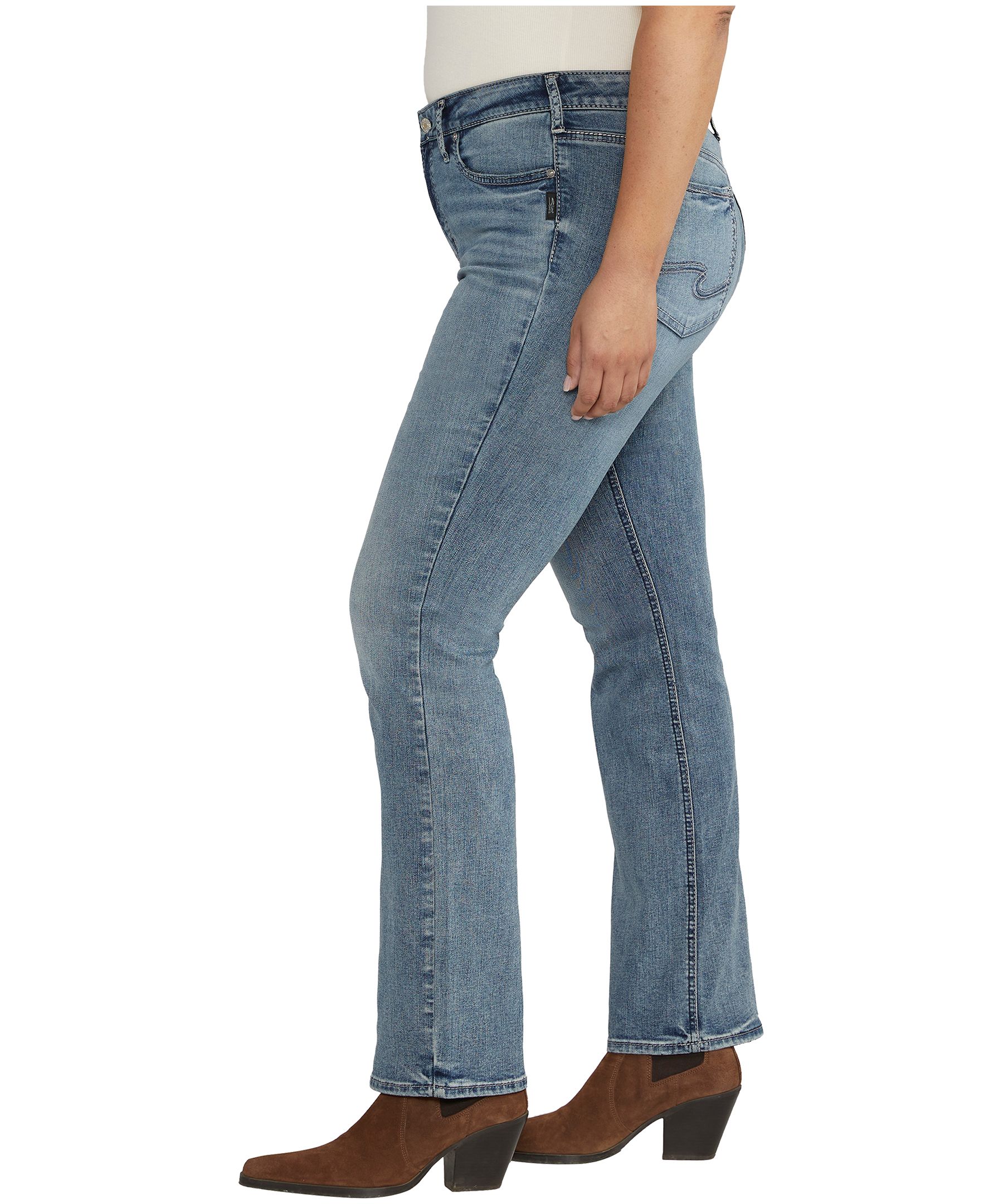 Jean à taille mi-basse et à jambe étroite semi-évasée qui épouse les courbes pour femmes, Suki, Silver