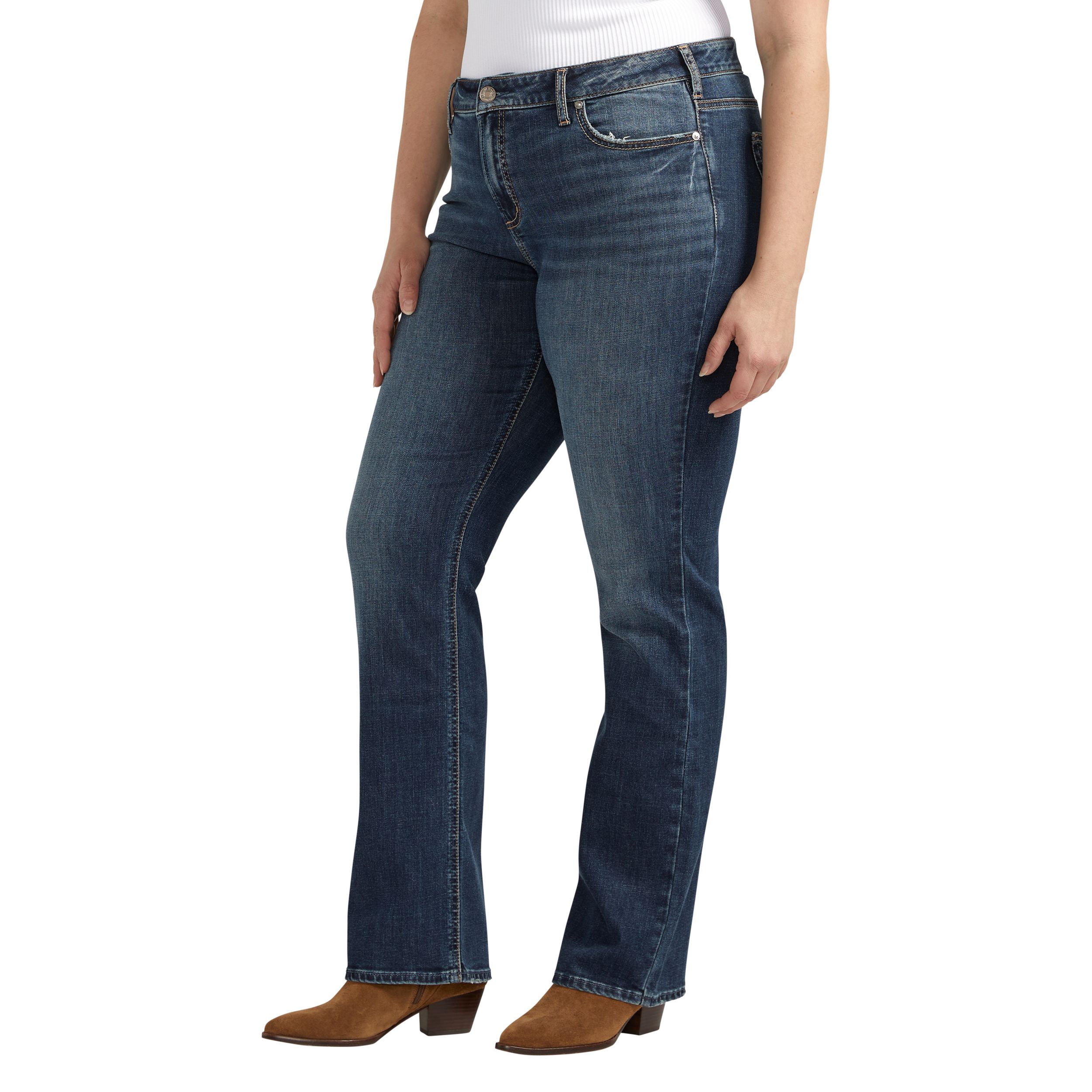 Jean étroit confortable à taille mi-basse et à jambe semi-évasée pour femmes, Elyse, Silver