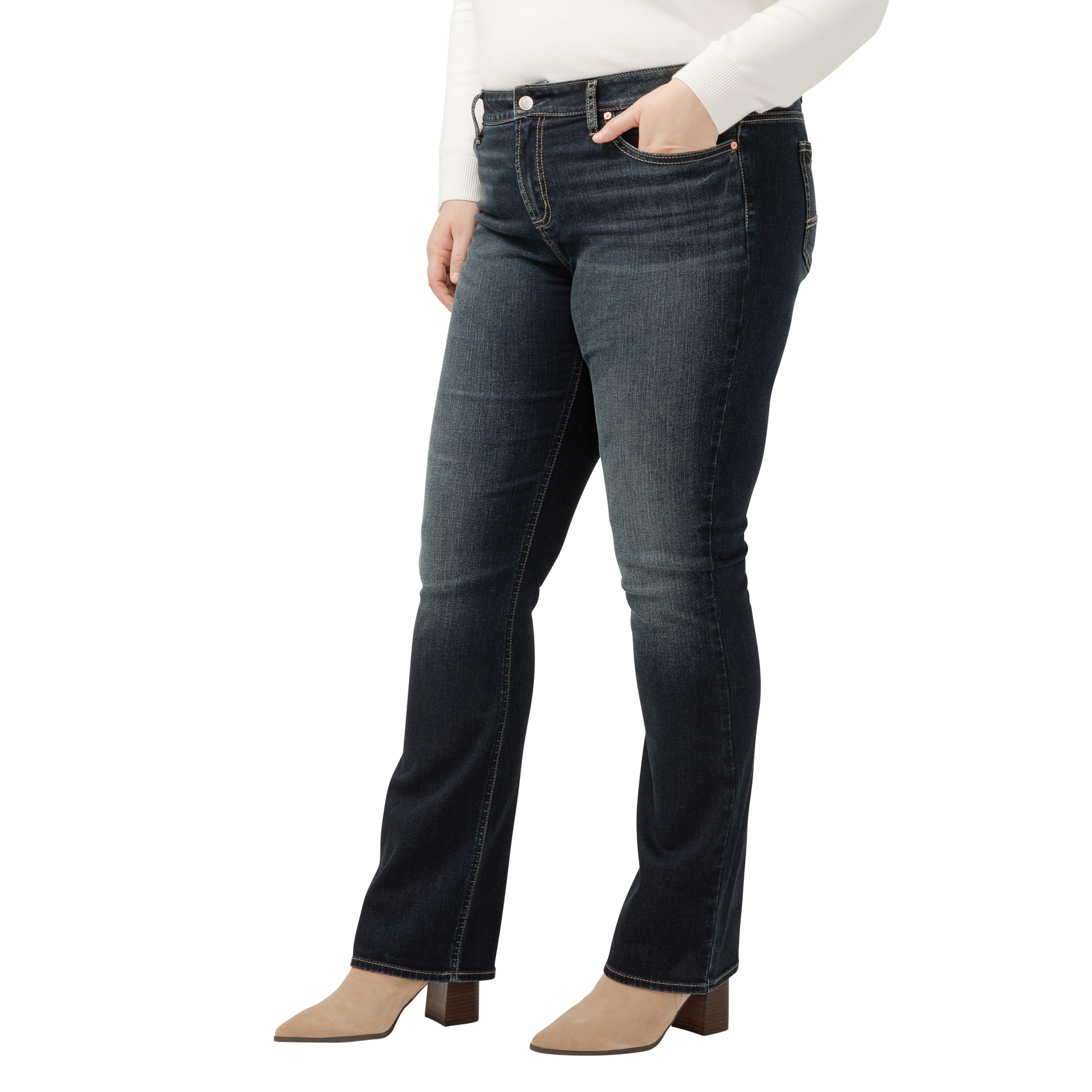 Jean étroit à taille mi-basse et à jambe semi-évasée pour femmes, Elyse, Silver, taille plus