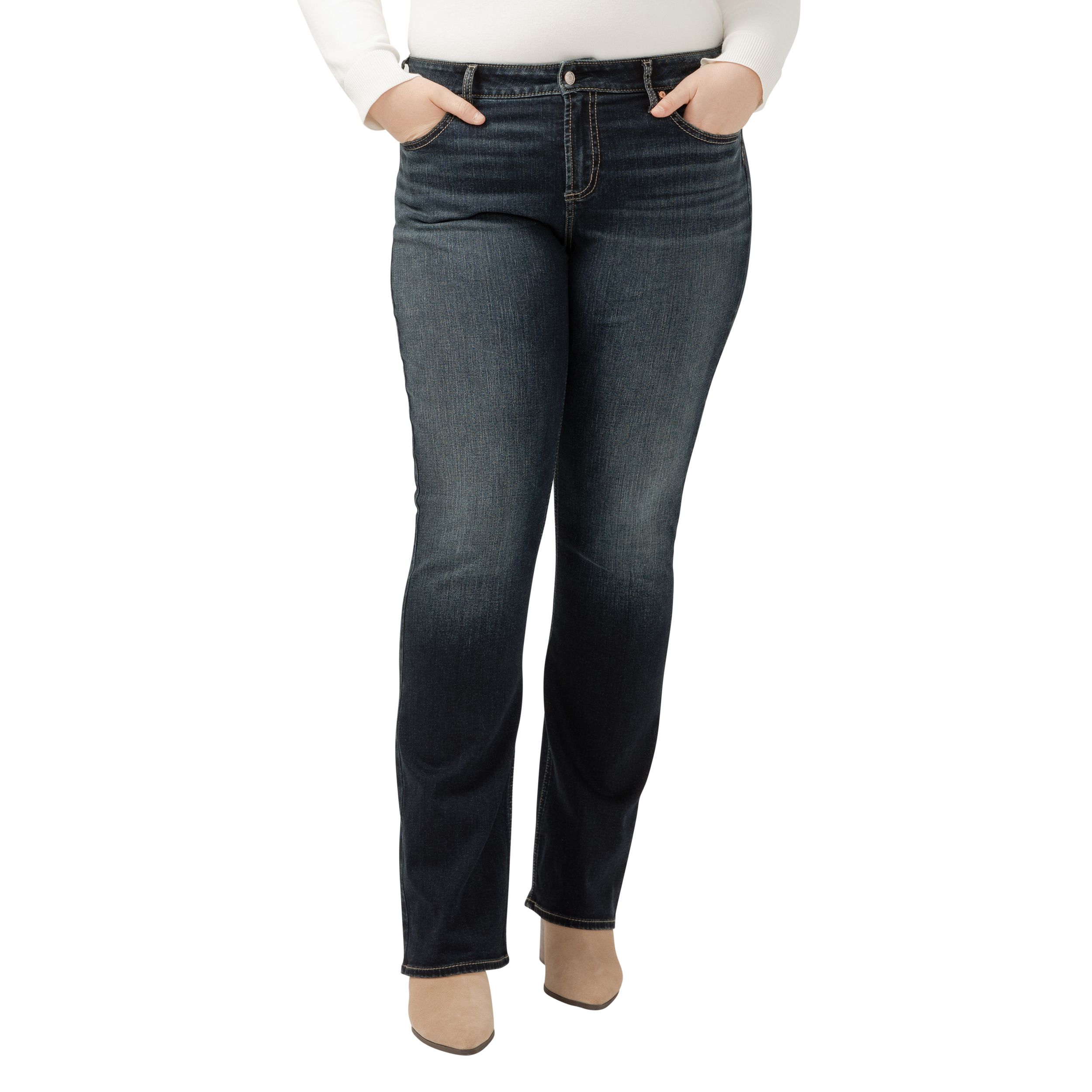 Jean étroit à taille mi-basse et à jambe semi-évasée pour femmes, Elyse, Silver, taille plus