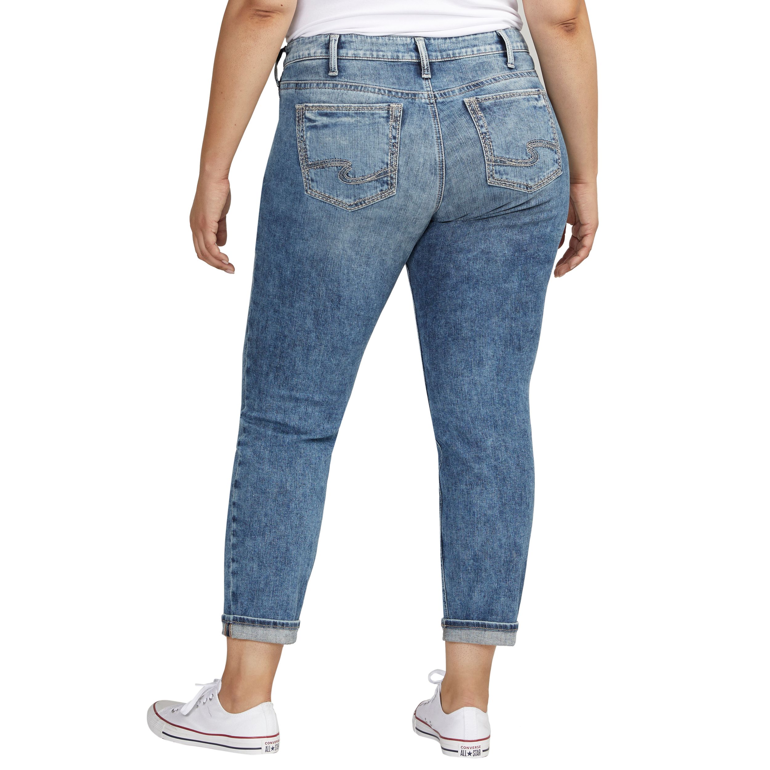 Jean boyfriend à jambe étroite et à taille mi-basse pour femmes, Silver - Taille plus