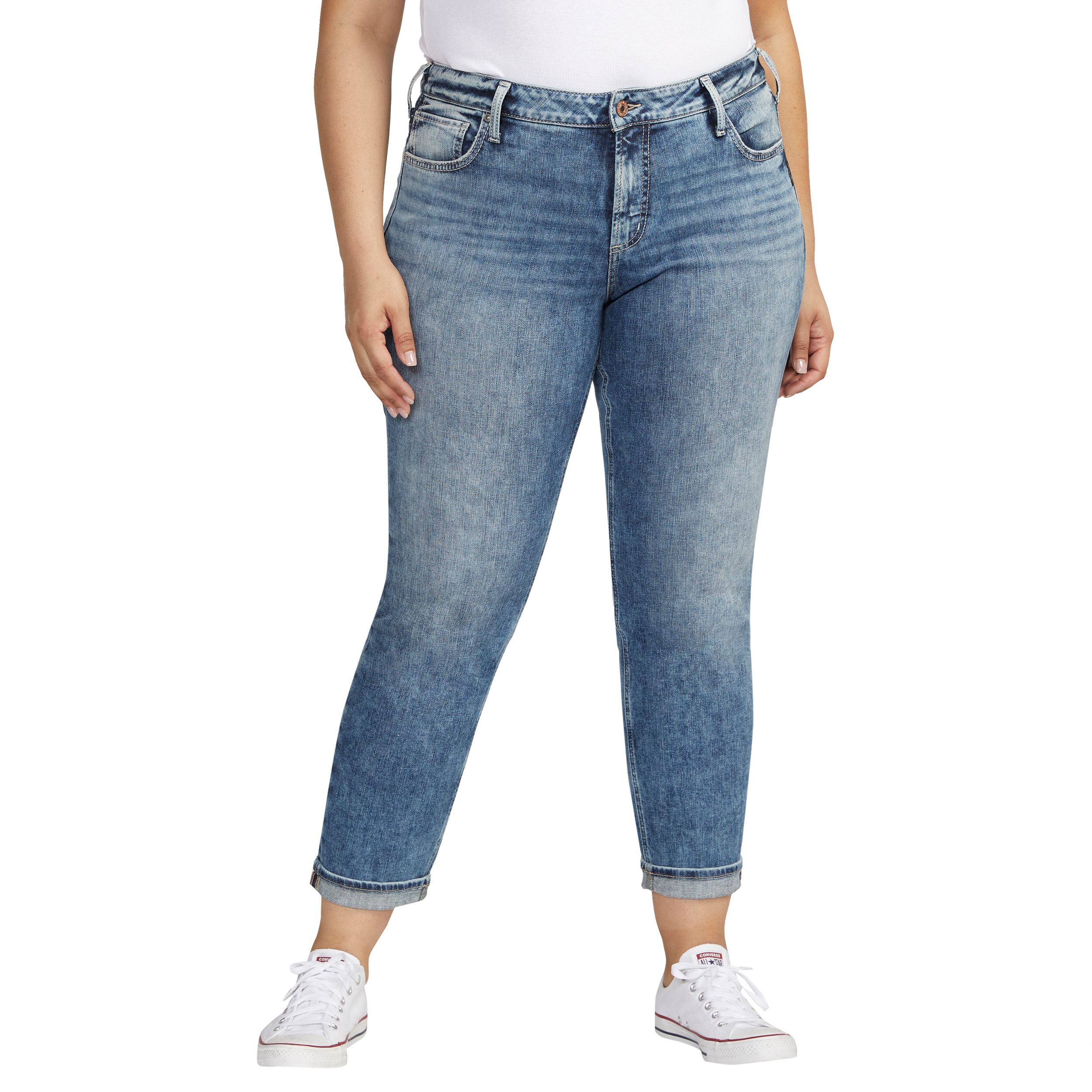 Jean boyfriend à jambe étroite et à taille mi-basse pour femmes, Silver - Taille plus