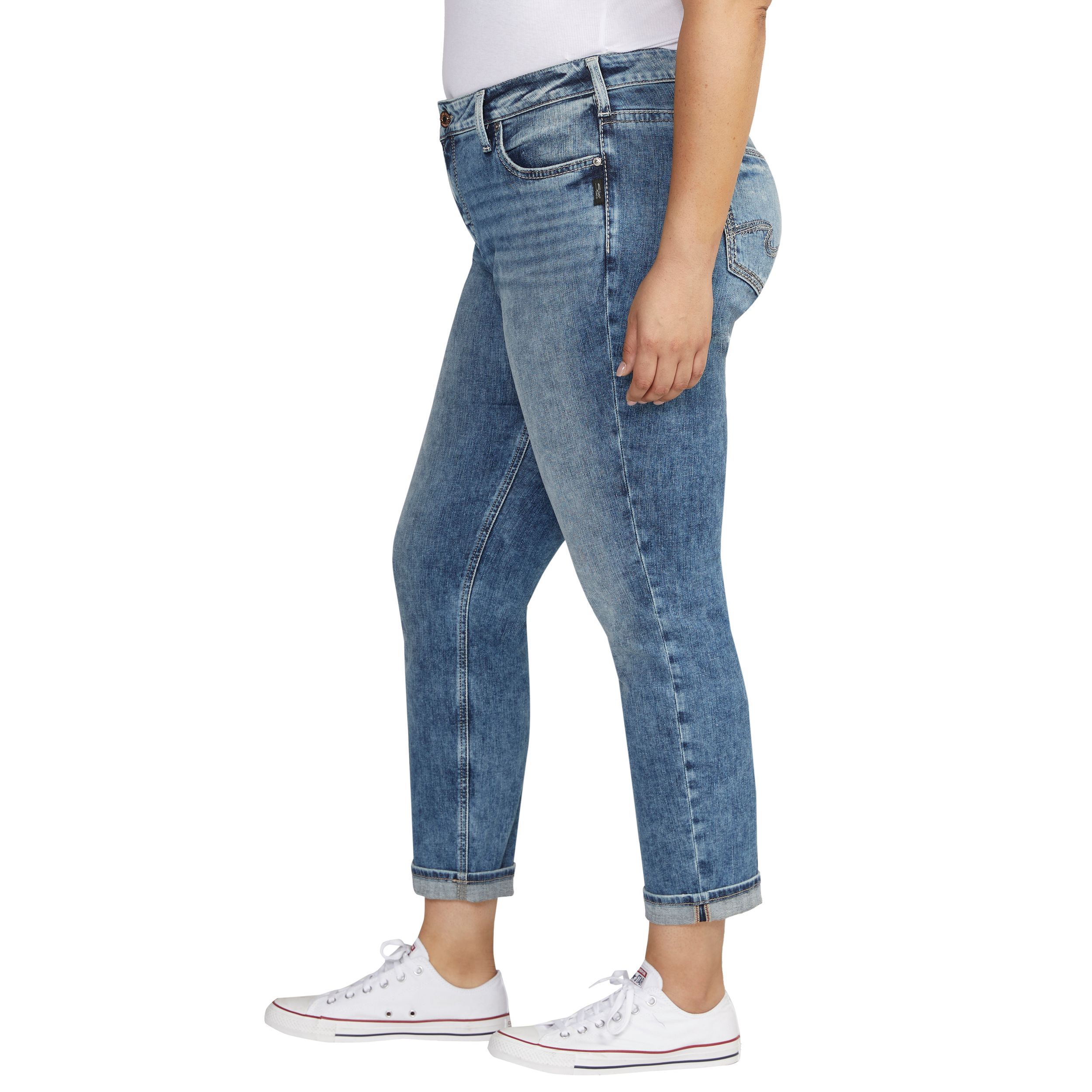 Jean boyfriend à jambe étroite et à taille mi-basse pour femmes, Silver - Taille plus