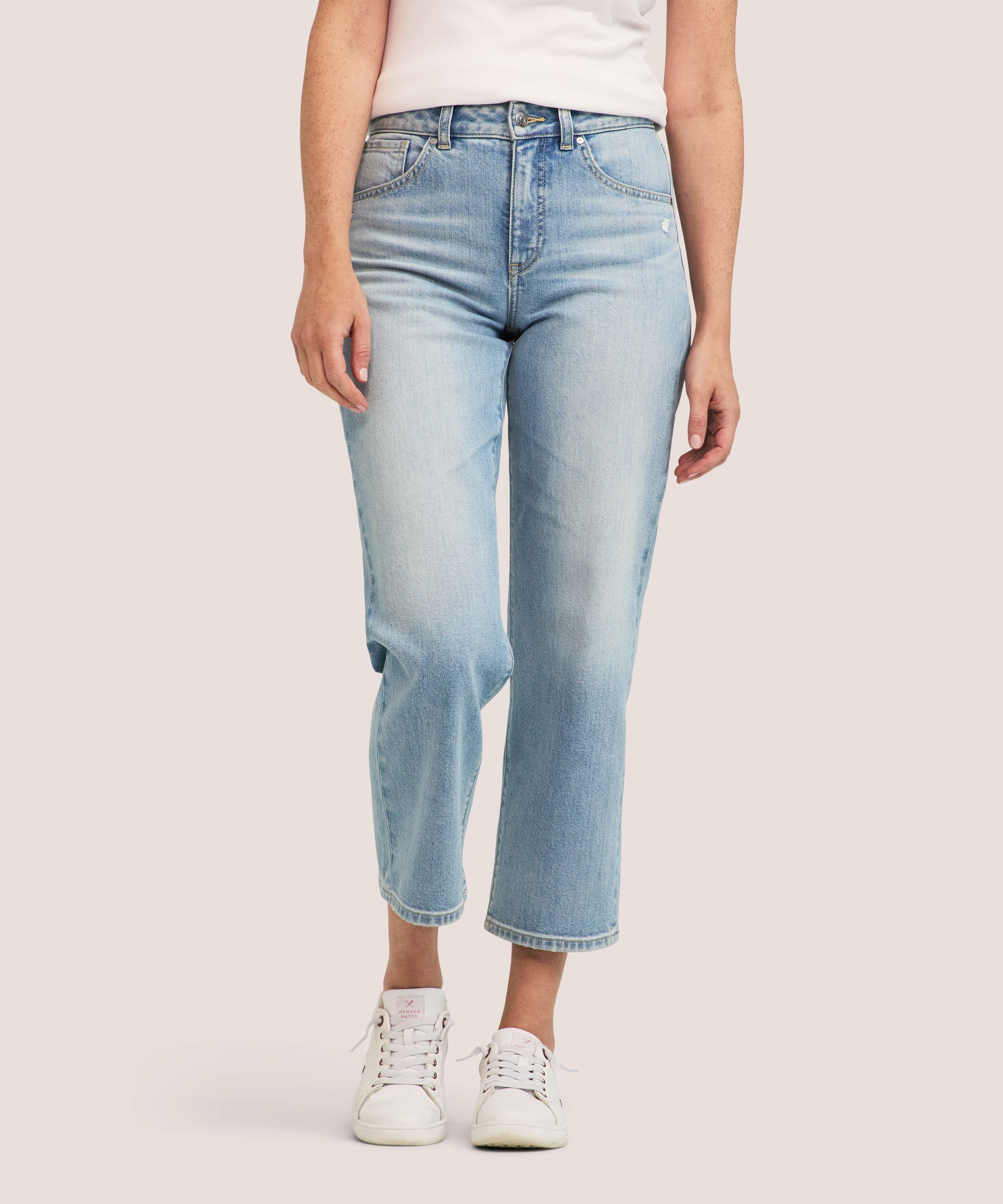 Jean court à jambe droite et à taille haute pour femmes, Denver Hayes - Délavé indigo moyen