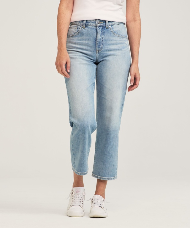 Jean court à jambe droite et à taille haute pour femmes, Denver Hayes - Délavé indigo moyen