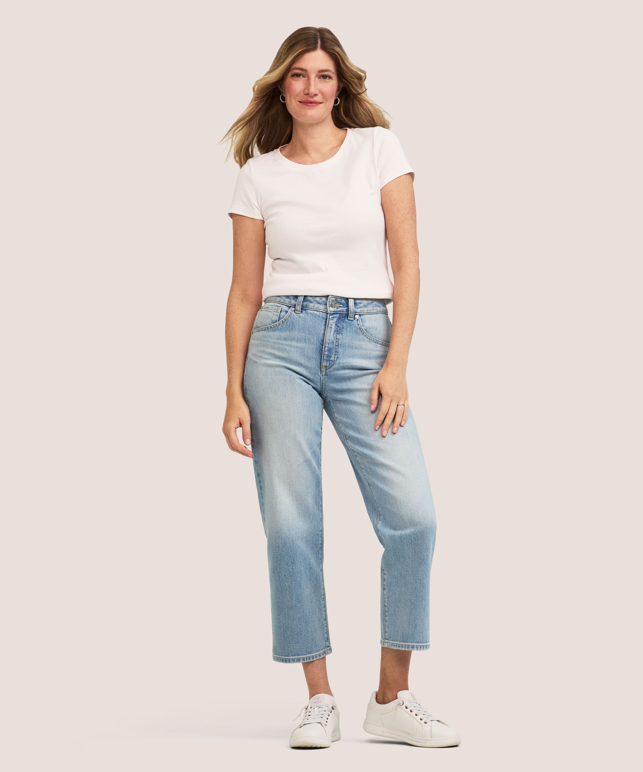 Jean court à jambe droite et à taille haute pour femmes, Denver Hayes - Délavé indigo moyen