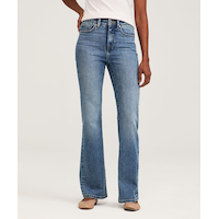 Jean semi-évasé à taille haute pour femmes, délavé indigo moyen, Denver Hayes Front_Flat