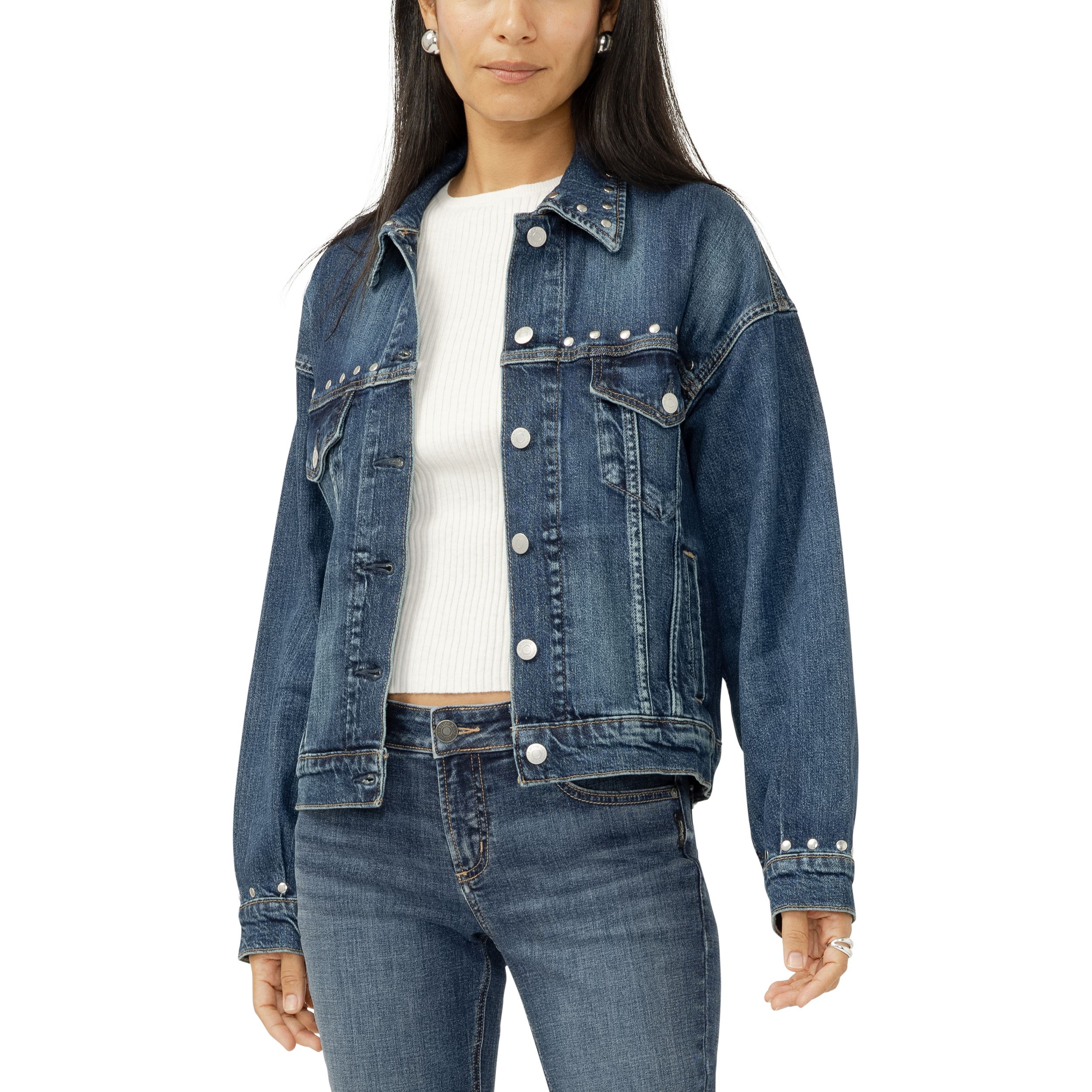 Veste camionneur en denim cloutée style années&nbsp;90 pour femmes, Silver