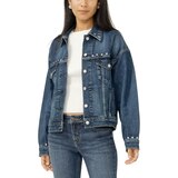 Veste camionneur en denim cloutée style années&nbsp;90 pour femmes, Silver Front_Angled_Left
