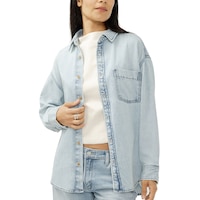 Silver Women's Beach Denim Shirt Front_Angled_Left