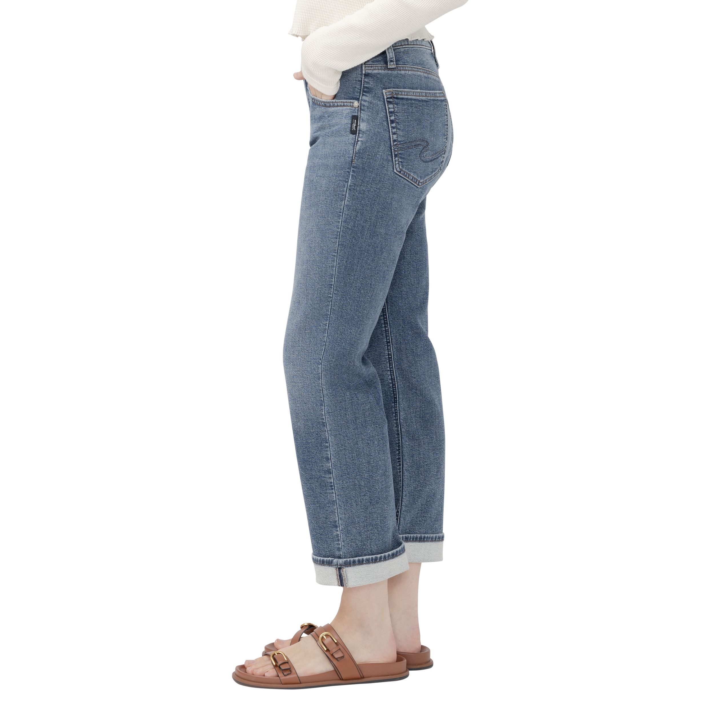 Jean coupe boyfriend en tricot avec revers pour femmes, Chelsea, Silver