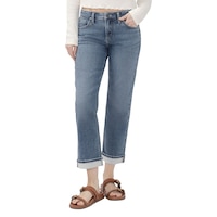 Jean coupe boyfriend en tricot avec revers pour femmes, Chelsea, Silver