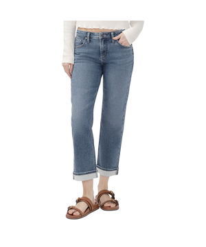 Jean coupe boyfriend en tricot avec revers pour femmes, Chelsea, Silver