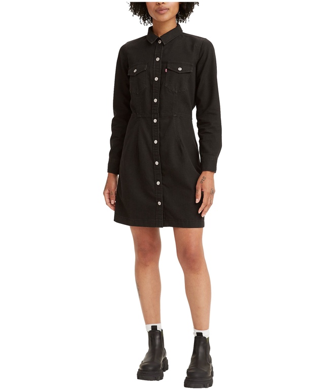 Levi's Robe en denim boutonnée à manches longues pour femmes, Ellie, noir