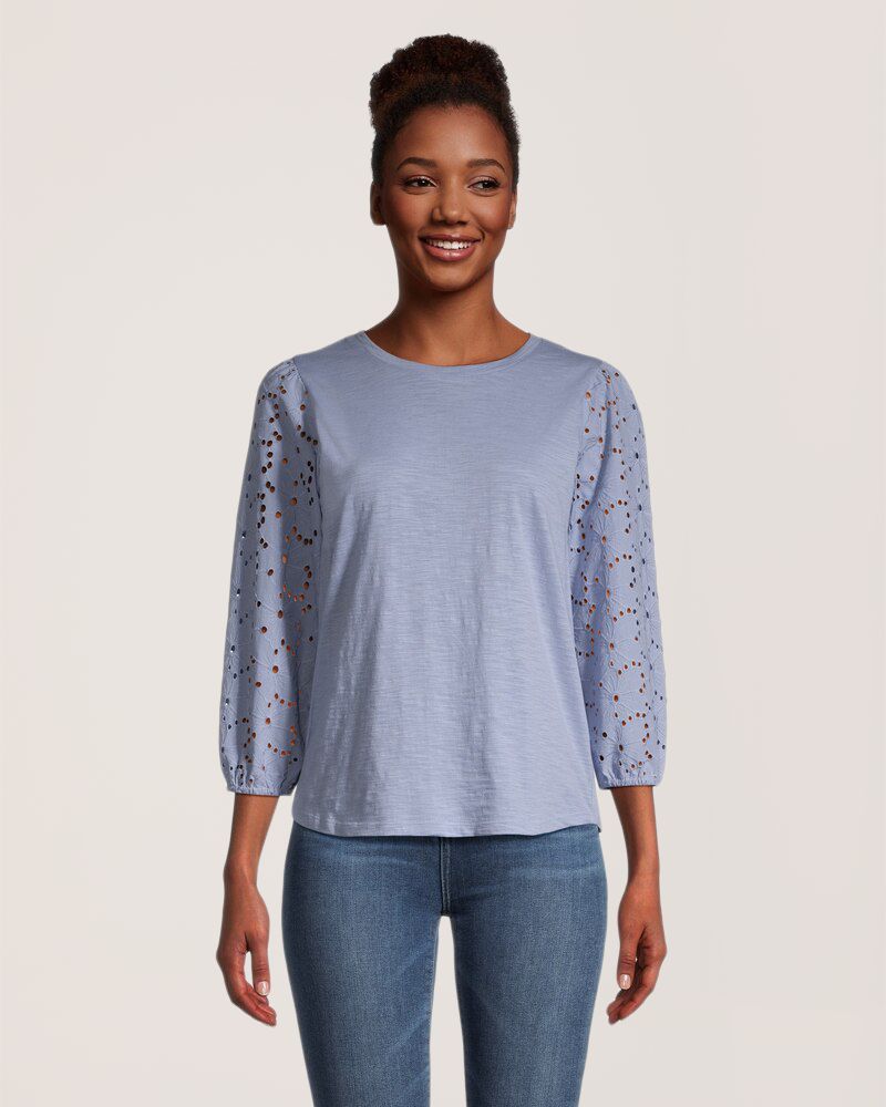 T-shirt semi-ajusté à col ras du cou et à manches 3/4 pour femmes, Denver Hayes