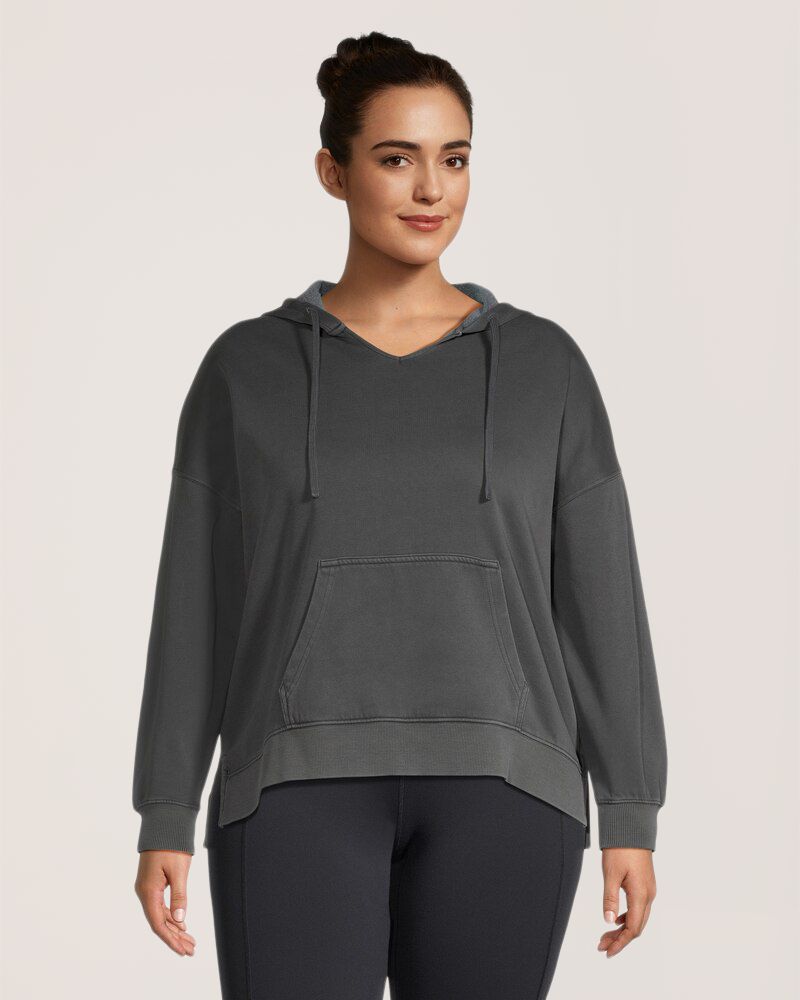 Chandail à capuche à enfiler à manches longues en molleton teint en pièce pour femmes, FarWest Front_Flat