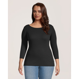 Chandail de coupe cintrée à encolure large et à manches 3/4 pour femmes, Denver Hayes Front_Flat