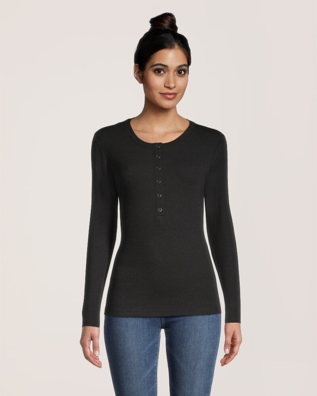 Chandail Henley en molleton à manches longues avec patte tissée à fermeture à boutons-pression pour femmes, Denver Hayes