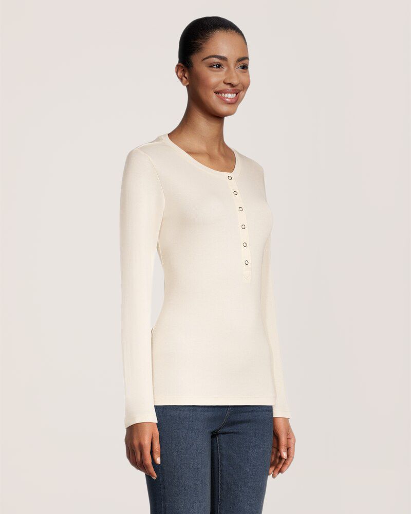 Chandail Henley en molleton à manches longues avec patte tissée à fermeture à boutons-pression pour femmes, Denver Hayes