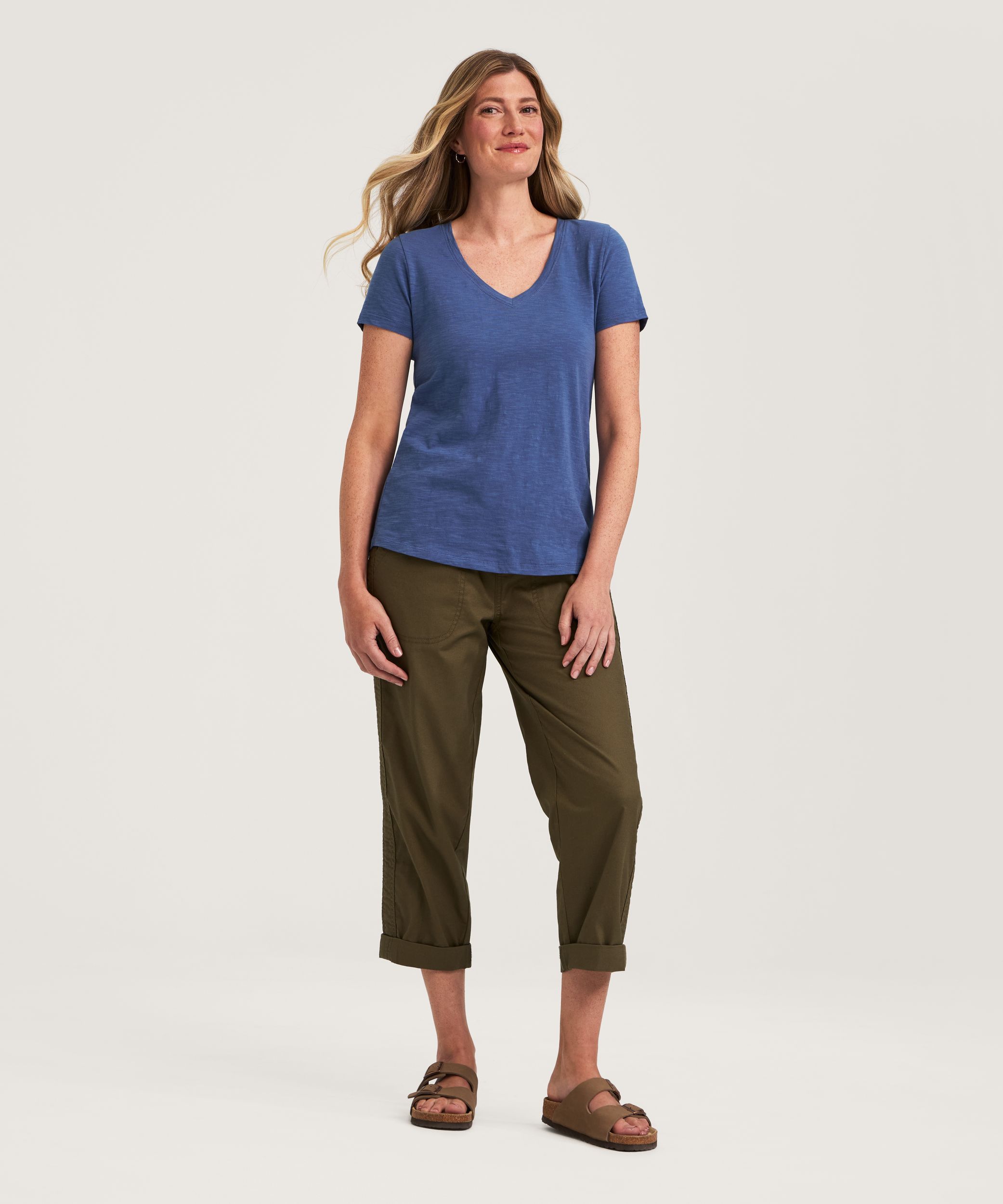 T-shirt à encolure en V en coton flammé pour femmes, FarWest