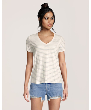 T-shirt à encolure en V en coton flammé pour femmes, FarWest