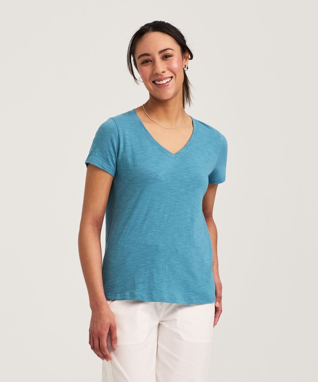 T-shirt à encolure en V en coton flammé pour femmes, FarWest