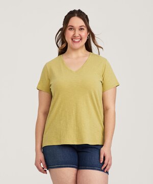 T-shirt à encolure en V en coton flammé pour femmes, FarWest