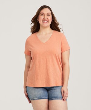 T-shirt à encolure en V en coton flammé pour femmes, FarWest
