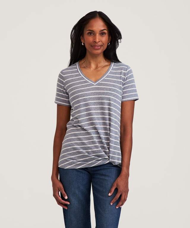 Denver Hayes Women's Short Sleeve Knot Front Linen T Shirt