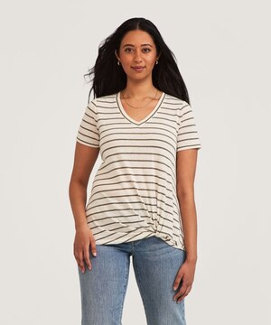 Denver Hayes Women's Short Sleeve Knot Front Linen T-Shirt