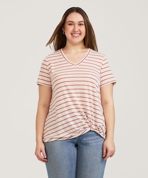 T-shirt en lin à manches courtes avec devant noué pour femmes, Denver Hayes