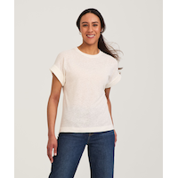 Denver Hayes Women's High Round Neck Linen T Shirt Front_Flat
