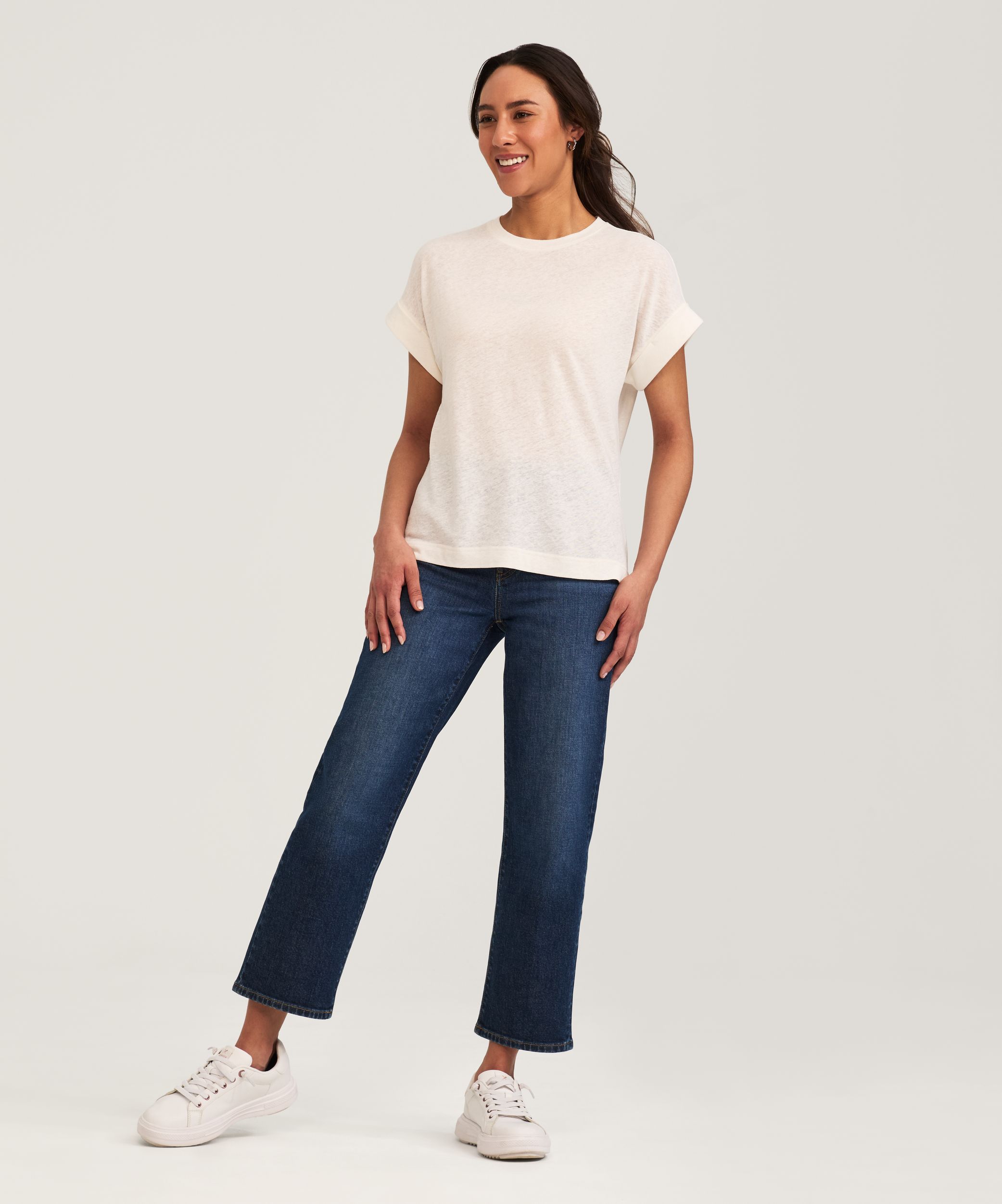 Denver Hayes Women's High Round Neck Linen T-Shirt