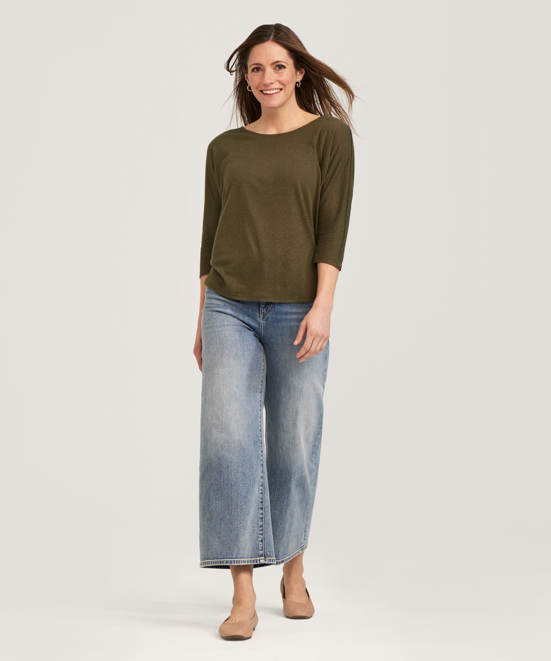 T-shirt en lin à encolure bateau et à manches 3/4 pour femmes, Denver Hayes