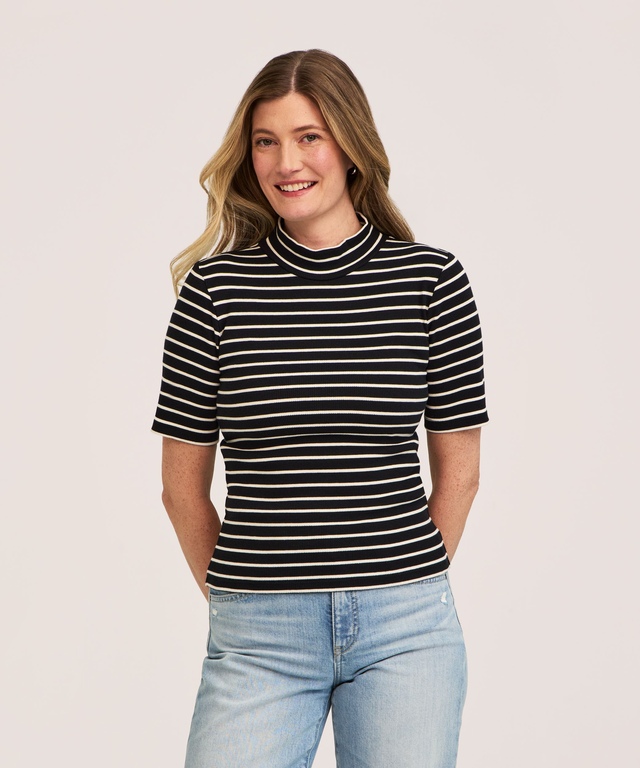 T-shirt semi-ajusté à col cheminée et à manches au coude pour femmes, Denver Hayes