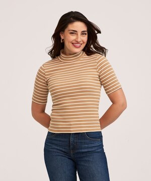 T-shirt semi-ajusté à col cheminée et à manches au coude pour femmes, Denver Hayes