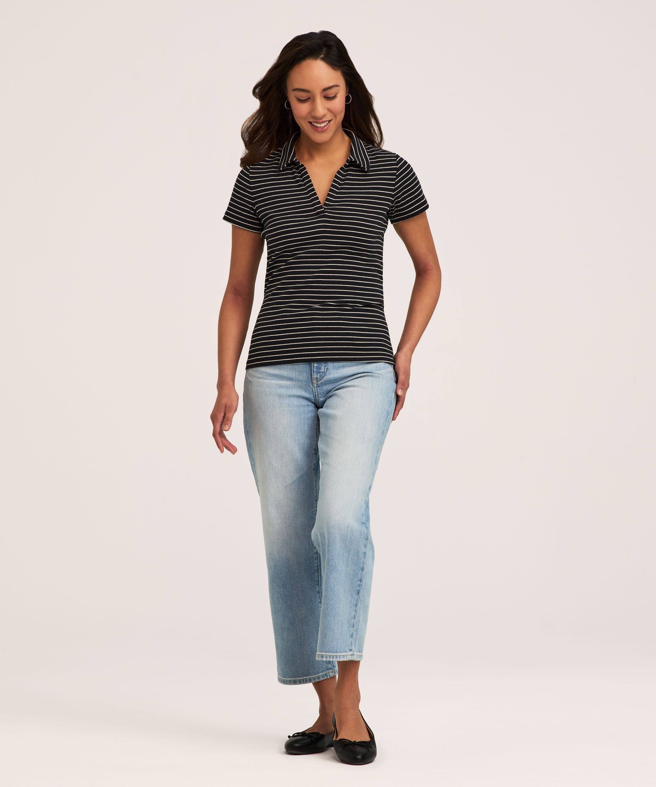 Denver Hayes Women's Semi Fitted Variegated Rib Johnny Collar Shirt