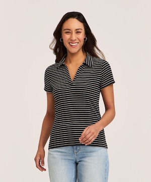 Chemise semi-ajustée en tricot côtelé bigarré avec col polo Johnny pour femmes, Denver Hayes