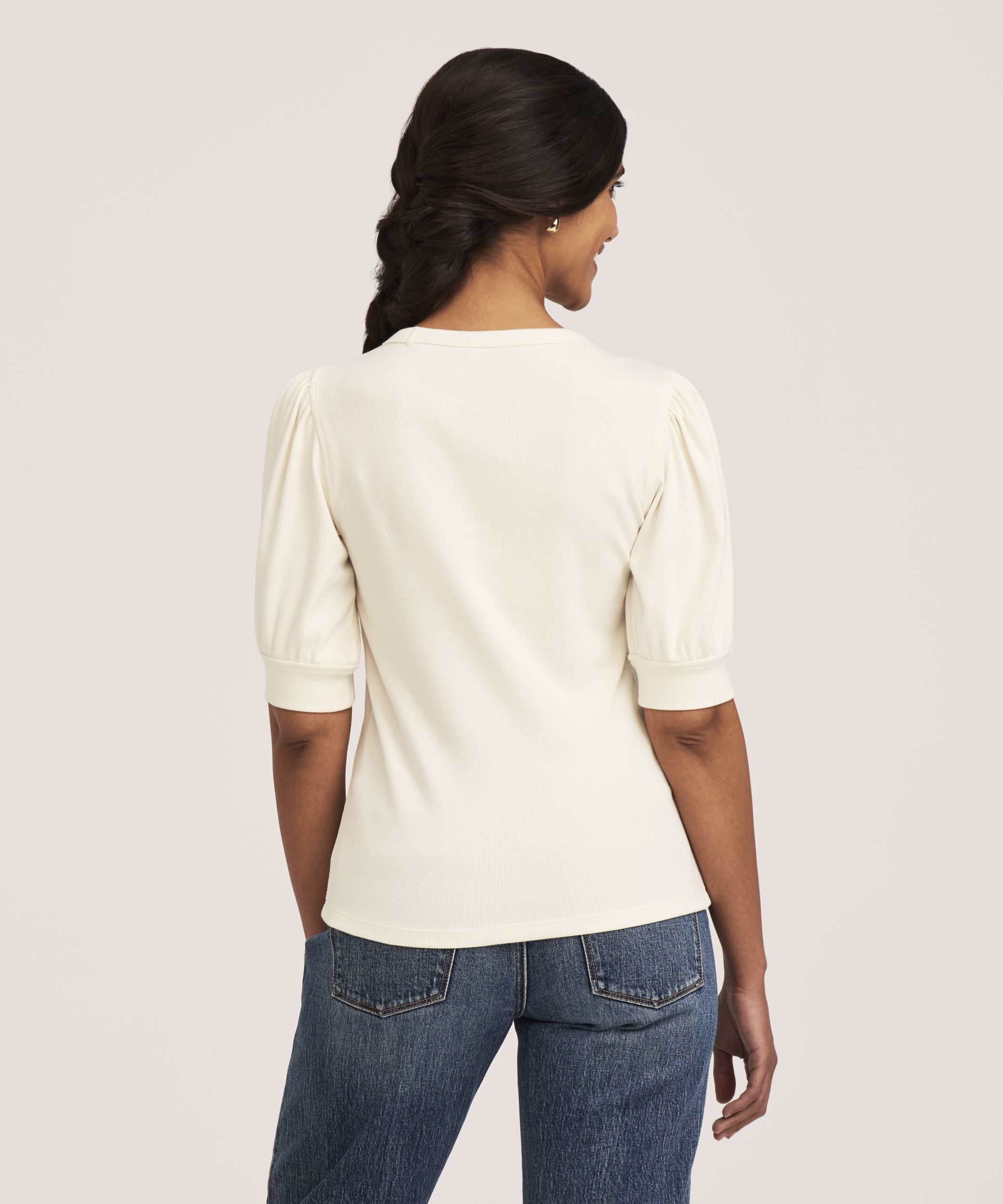 Chemise en tricot côtelé à encolure ras du cou et à manches au coude pour femmes, Denver Hayes