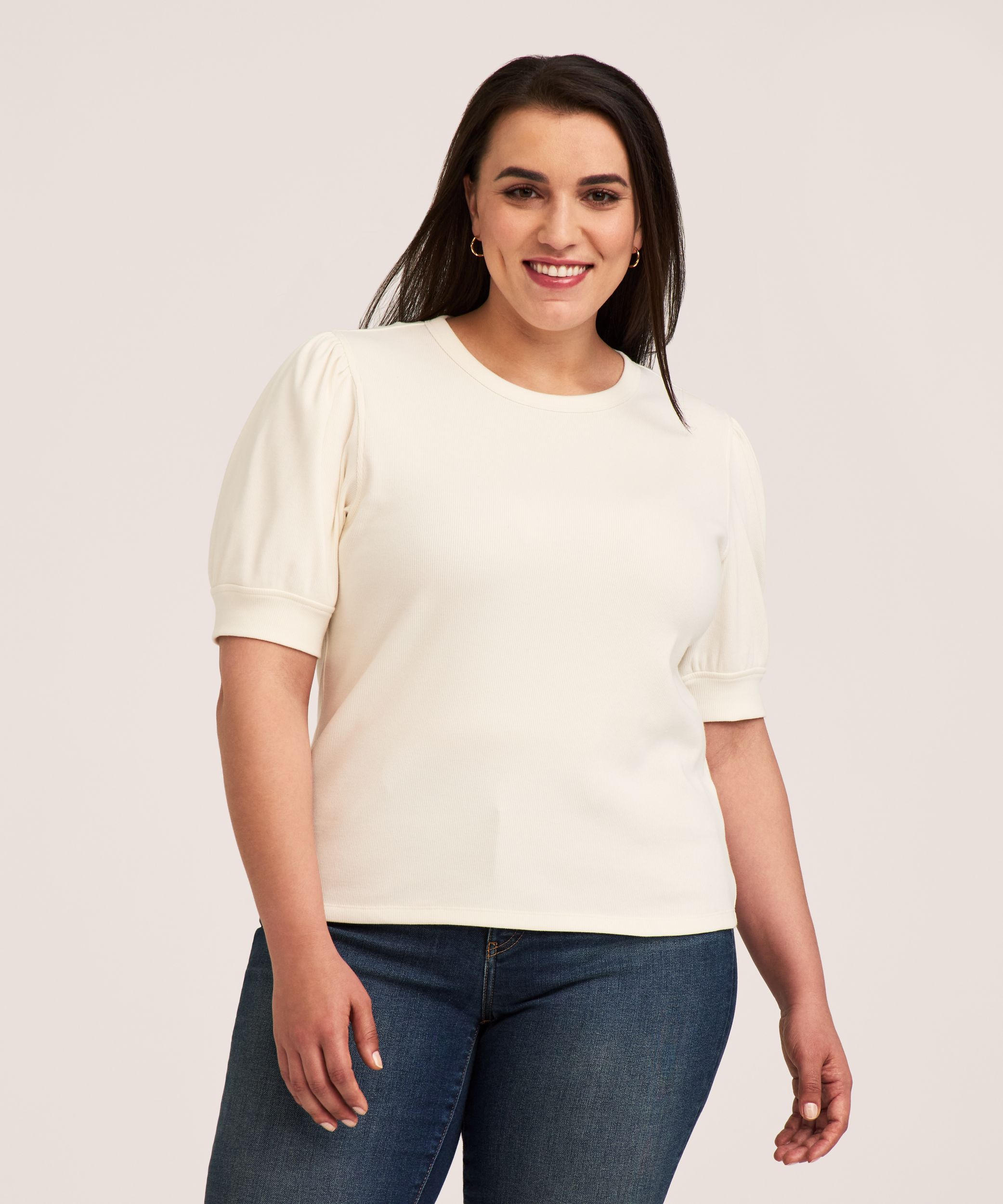 Chemise en tricot côtelé à encolure ras du cou et à manches au coude pour femmes, Denver Hayes