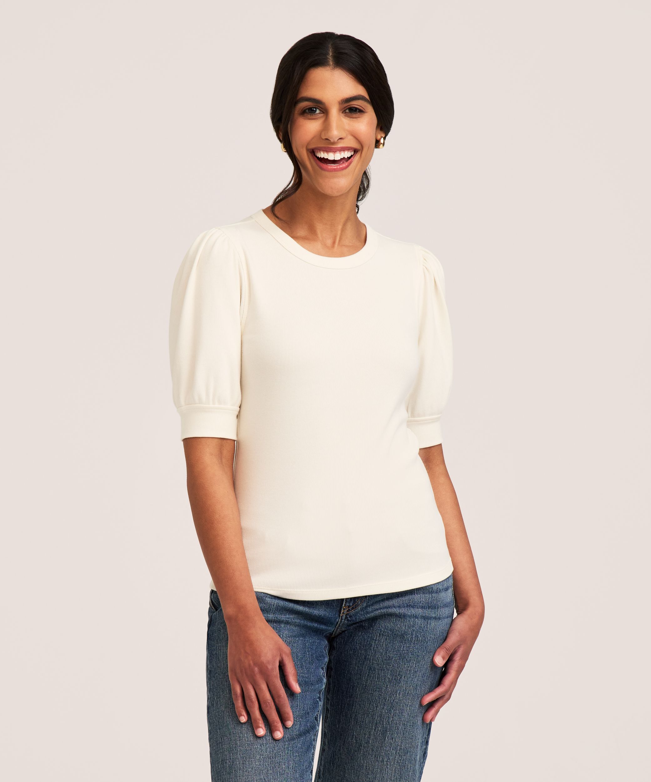 Chemise en tricot côtelé à encolure ras du cou et à manches au coude pour femmes, Denver Hayes