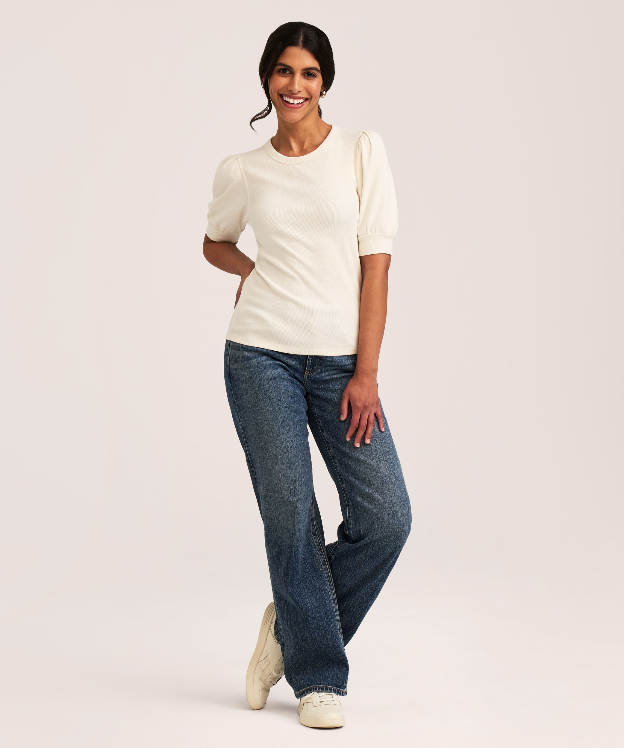 Chemise en tricot côtelé à encolure ras du cou et à manches au coude pour femmes, Denver Hayes