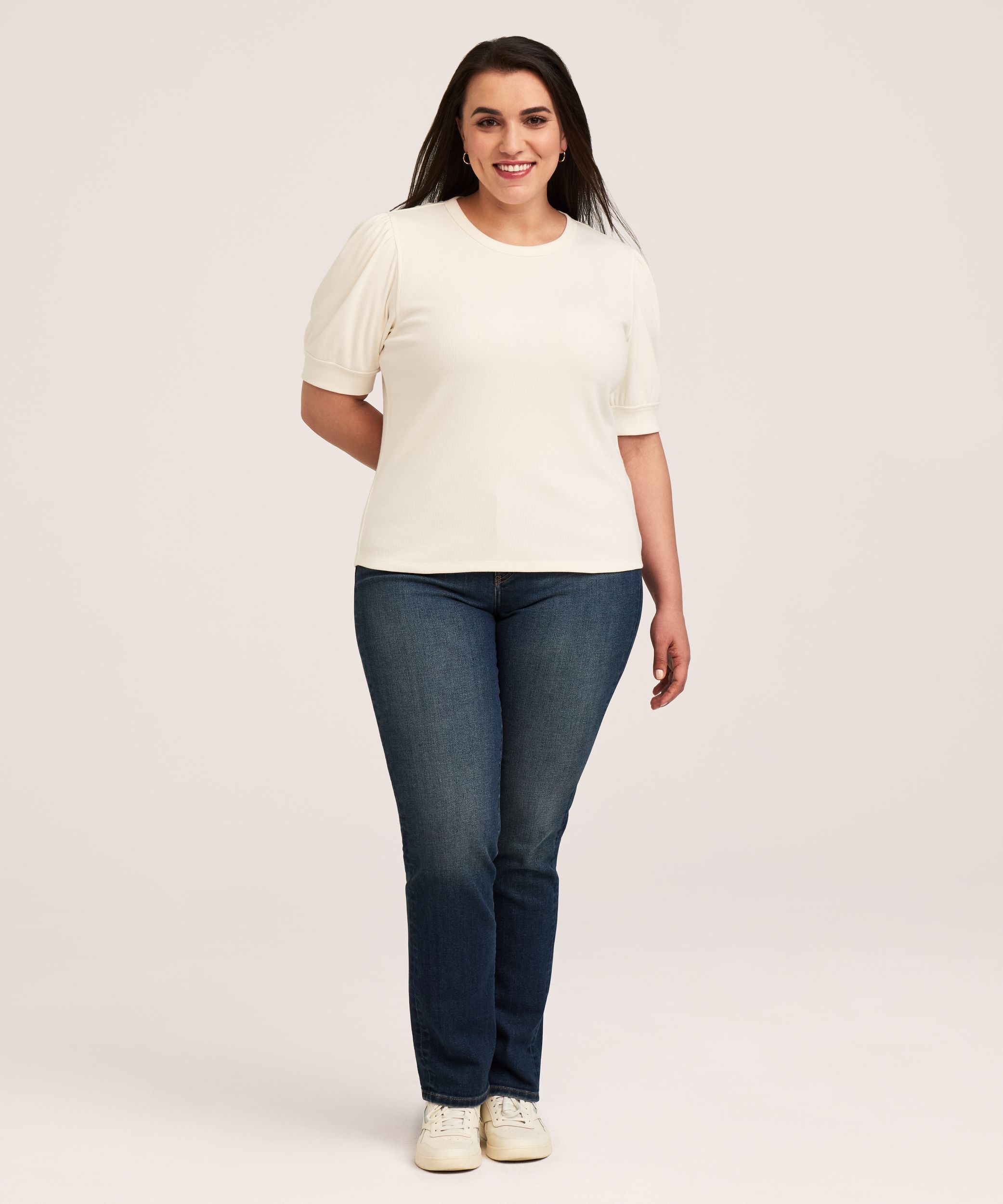 Chemise en tricot côtelé à encolure ras du cou et à manches au coude pour femmes, Denver Hayes