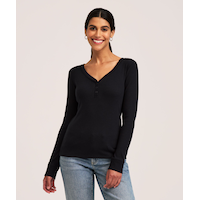 Denver Hayes Women's Long Sleeve Henley Rib Top Front_Flat