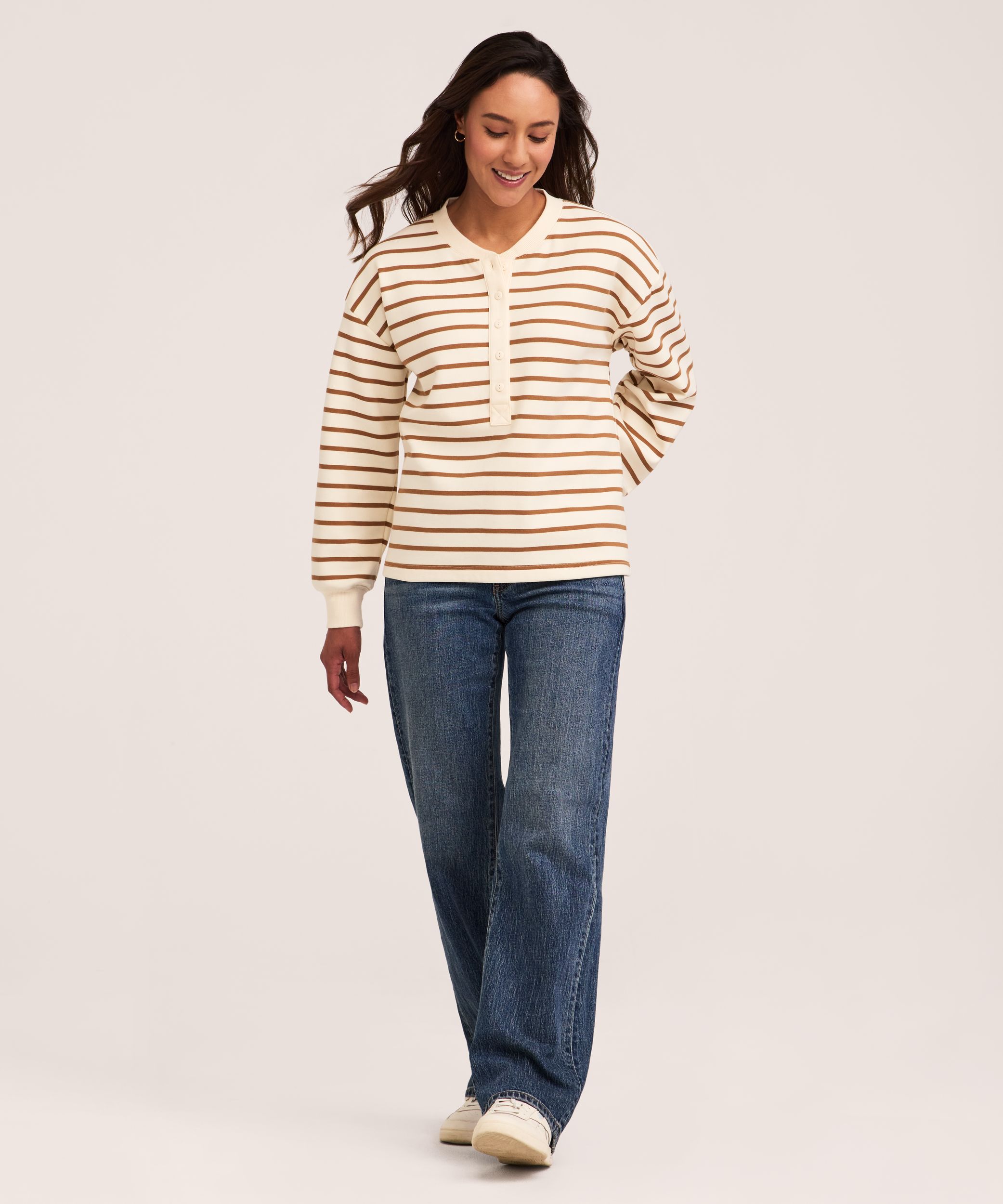 Denver Hayes Women's Long Sleeve Cotton Jersey Button Henley Placket