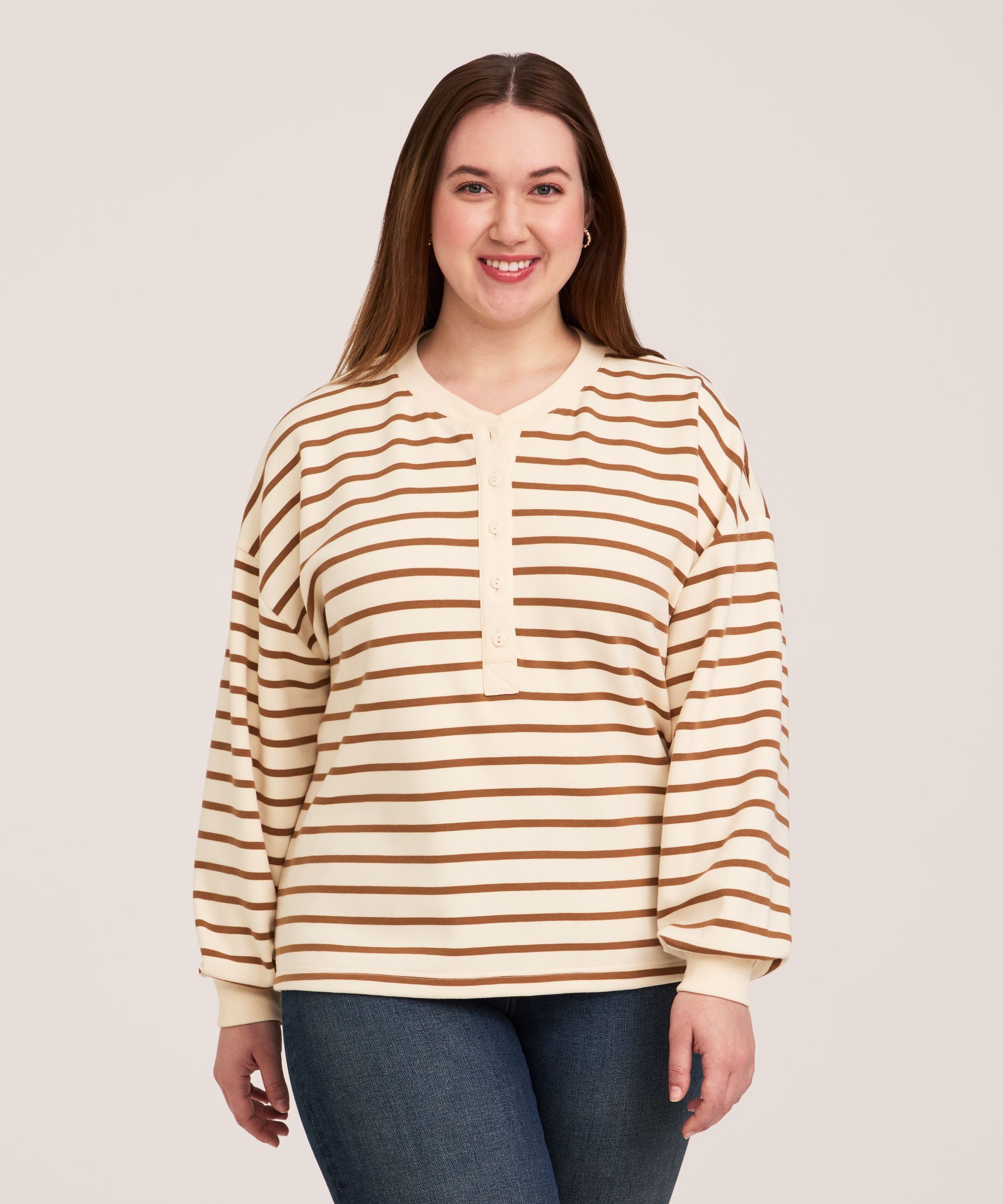 Denver Hayes Women's Long Sleeve Cotton Jersey Button Henley Placket