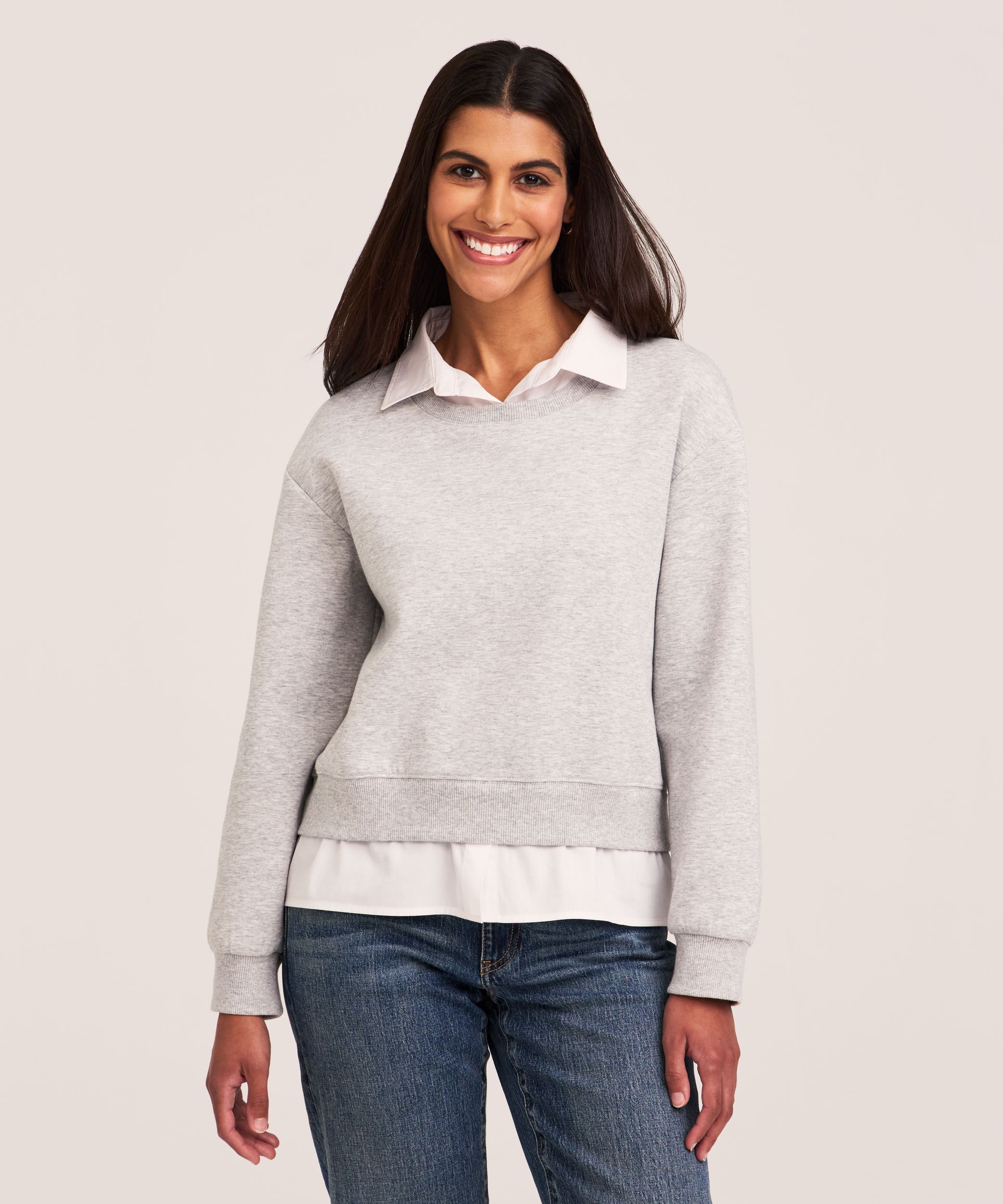 Denver Hayes Long Sleeve Shirt Collar Mixed Media Popover Shirt